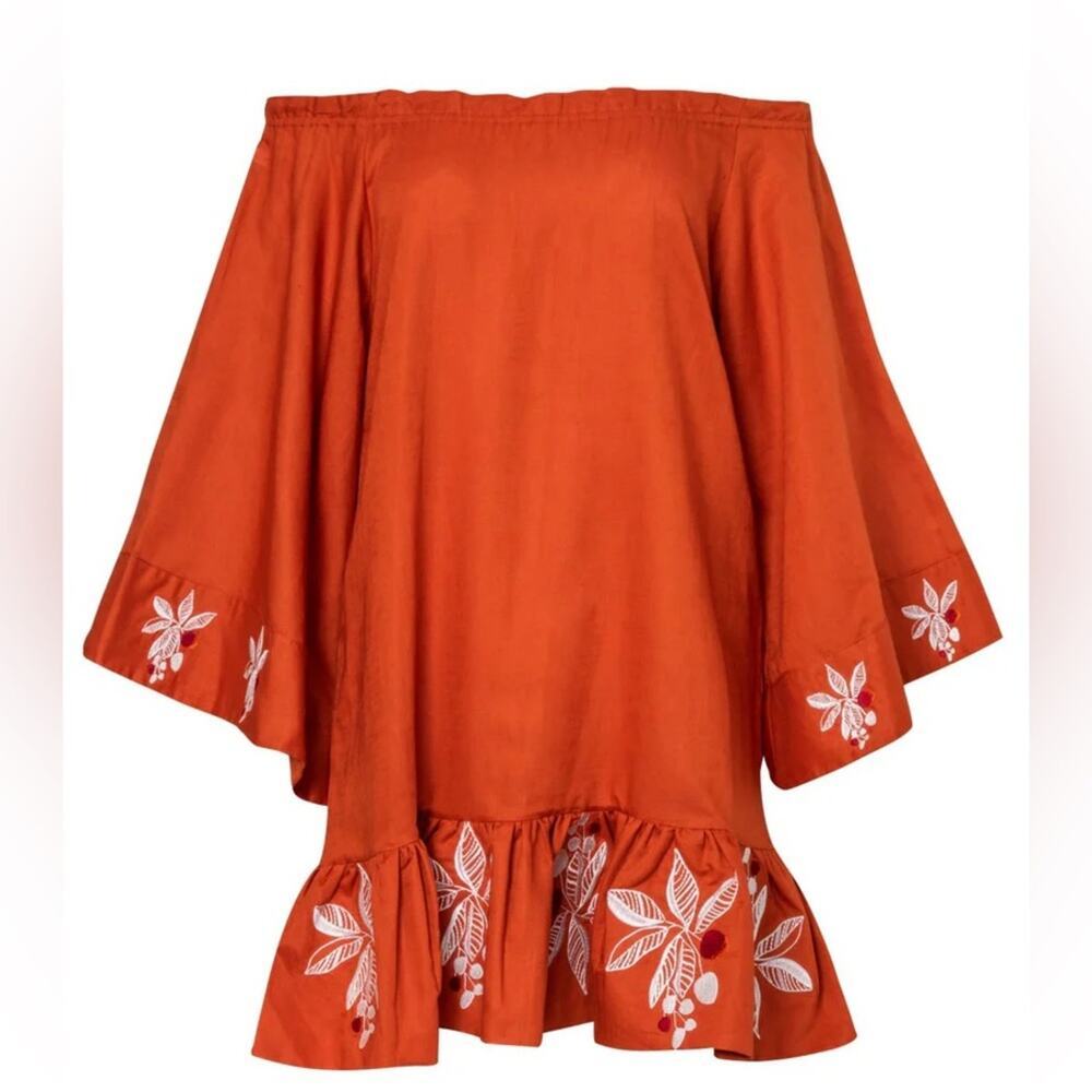 $460 JUAN DE DIOS Mexico Lindo Linen Mini Dress Embroidered SIZE XS Terracotta - Picture 2 of 12